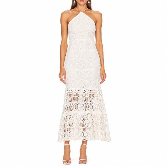 Alexis Dresses & Skirts - Alexis Yvonna White Lace Halter Midi Dress Tiered Eyelet Wedding Event Size S